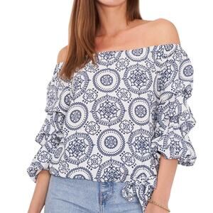 NWT Vince Camuto Off-the-Shoulder Blouse – White Denim Print, Women’s XS